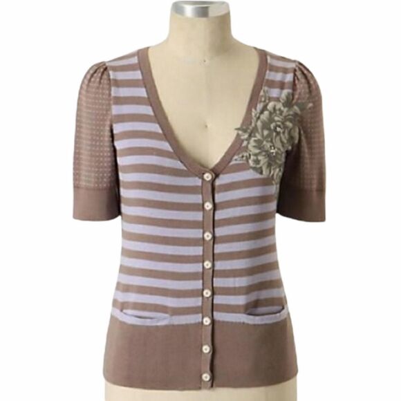 ANTHROPOLOGIE Moth cardigan Cattleya brown striped‎ short sleeve sweater S - Picture 1 of 10